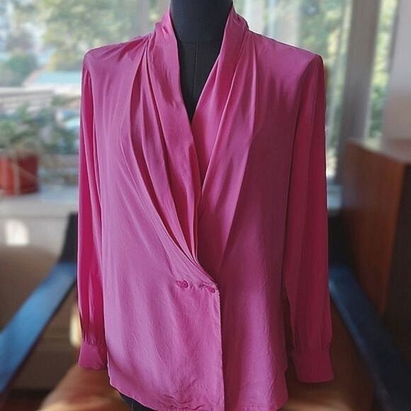Vtg fuschia silk faux wrap shawl collar blouse - Picture 2 of 15